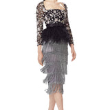 Hand Embellished Mesh Top With Ostrich Feathers Peplum in Black