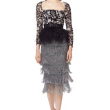 Hand Embellished Mesh Top With Ostrich Feathers Peplum in Black