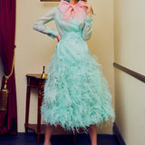 Silk Gazar Ostrich Feathers Embellished Trench Coat in Mint Green