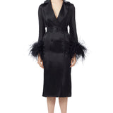 Ostrich Feathers Embellished Sleeves Silk Gazar Trench Coat in Black