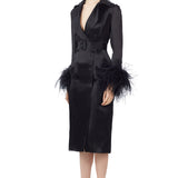 Ostrich Feathers Embellished Sleeves Silk Gazar Trench Coat in Black