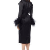 Ostrich Feathers Embellished Sleeves Silk Gazar Trench Coat in Black