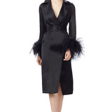 Ostrich Feathers Embellished Sleeves Silk Gazar Trench Coat in Black