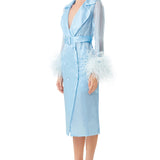 Ostrich Feathers Embellished Sleeves Silk Gazar Trench Coat in Blue