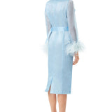 Ostrich Feathers Embellished Sleeves Silk Gazar Trench Coat in Blue