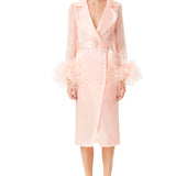 Ostrich Feathers Embellished Sleeves Silk Gazar Trench Coat in Pink
