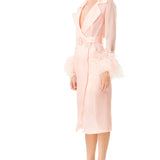Ostrich Feathers Embellished Sleeves Silk Gazar Trench Coat in Pink