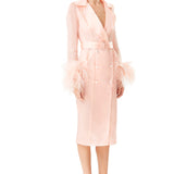 Ostrich Feathers Embellished Sleeves Silk Gazar Trench Coat in Pink