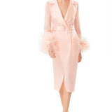 Ostrich Feathers Embellished Sleeves Silk Gazar Trench Coat in Pink