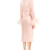 Ostrich Feathers Embellished Sleeves Silk Gazar Trench Coat in Pink