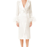 Ostrich Feathers Embellished Sleeves Silk Gazar Trench Coat in White