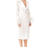 Ostrich Feathers Embellished Sleeves Silk Gazar Trench Coat in White