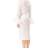 Ostrich Feathers Embellished Sleeves Silk Gazar Trench Coat in White