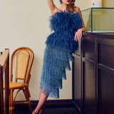 Tiered Crystal Fringe High Waisted Skirt in Midnight Blue