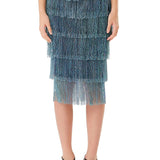 Tiered Crystal Fringe High Waisted Skirt in Midnight Blue