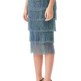 Tiered Crystal Fringe High Waisted Skirt in Midnight Blue
