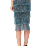 Tiered Crystal Fringe High Waisted Skirt in Midnight Blue