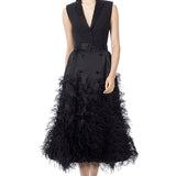 Ostrich Feather Embellished Silk Gazar Skirt in Black