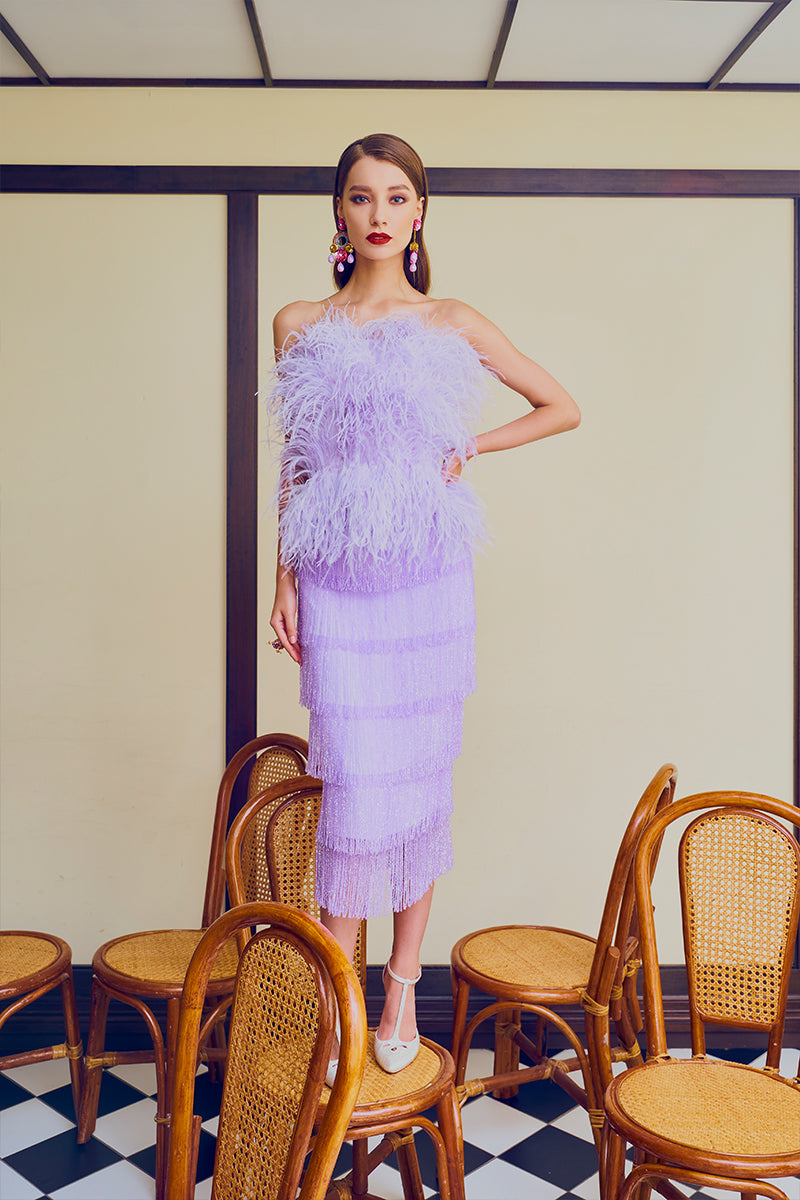 Ostrich Feather Embellished Strapless Peplum Top in Lilac – IVAN YOUNG 