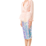 Ostrich Feathers Embellished Silk Gazar Coat in Pink