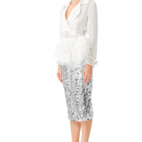 Ostrich Feathers Embellished Silk Gazar Coat in White