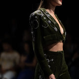 Embellished Velvet Cropped Blazer and Wide-Leg Pants Set in Olive Green