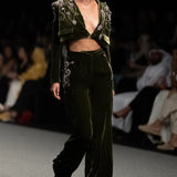 Embellished Velvet Cropped Blazer and Wide-Leg Pants Set in Olive Green