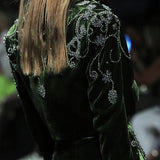 Embellished Velvet Cropped Blazer and Wide-Leg Pants Set in Olive Green