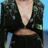 Embellished Velvet Cropped Blazer and Wide-Leg Pants Set in Olive Green