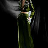 Embellished Velvet Cropped Blazer and Wide-Leg Pants Set in Olive Green