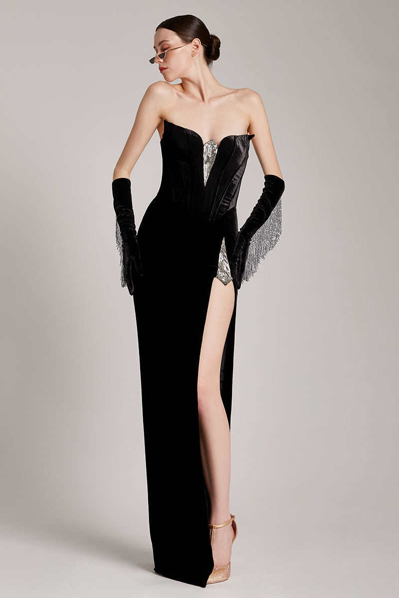 Crystal-Beaded Black Velvet Strapless Corset Dress with Front Slit