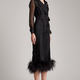 Ostrich Feather Embellished Silk Gazar Slim Midi Trench Dress in Black