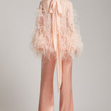 Ostrich Feather Embellished Blouse with Bell Sleeves in Baby Pink