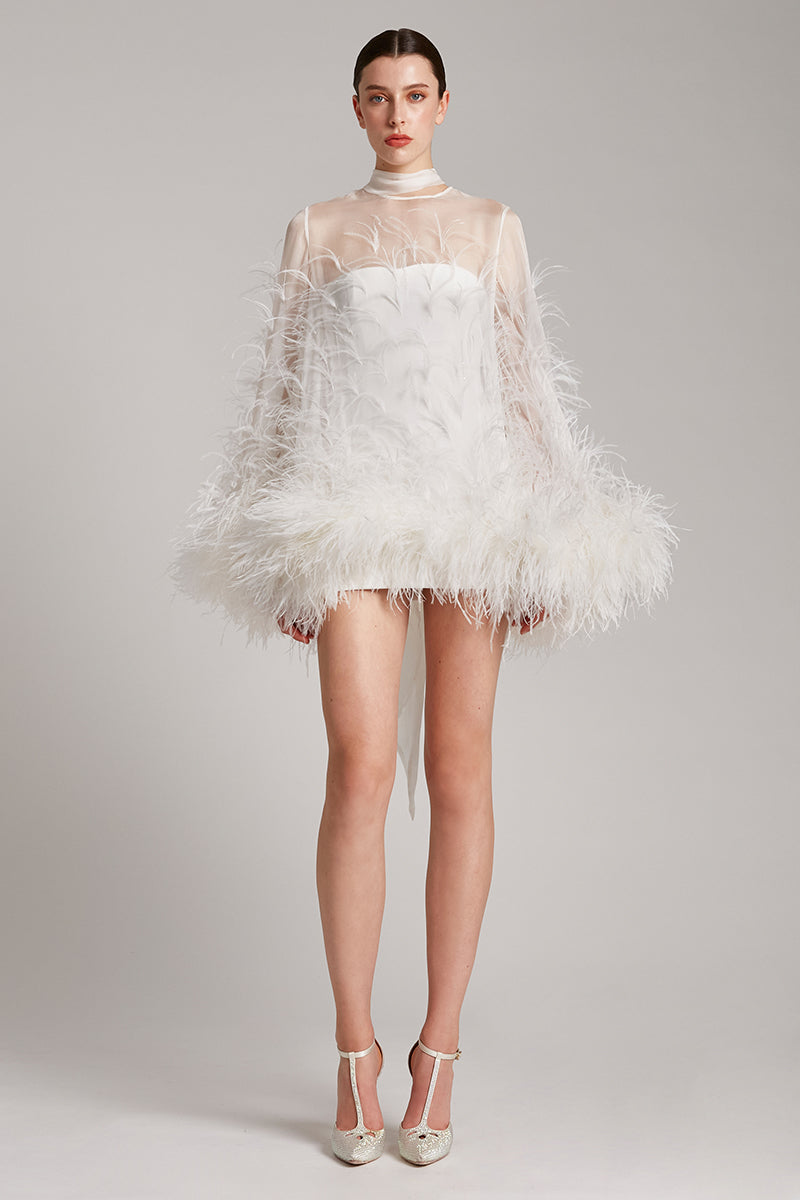 Ostrich Feather Embellished Mini Dress with Bell Sleeves in White IVAN YOUNG