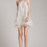 Ostrich Feathers Embellished Halter Mini Dress in White