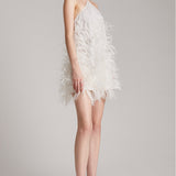 Ostrich Feathers Embellished Halter Mini Dress in White
