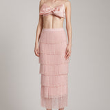 Tiered Crystal Fringe High Waisted Skirt in Blush Pink