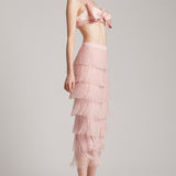 Tiered Crystal Fringe High Waisted Skirt in Blush Pink