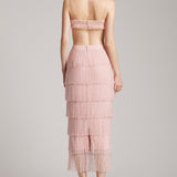 Tiered Crystal Fringe High Waisted Skirt in Blush Pink