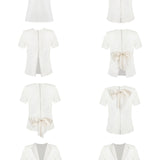 Multiway Silk Satin Short Sleeve Blouse with Bow in White