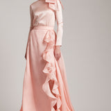 Silk Gazar Ruffles Side Slit Maxi Skirt in Pink