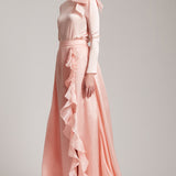 Silk Gazar Ruffles Side Slit Maxi Skirt in Pink