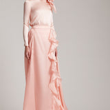 Silk Gazar Ruffles Side Slit Maxi Skirt in Pink