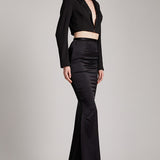 Silk Satin Trumpet Skirt with Train in Black