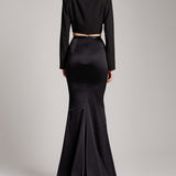 Silk Satin Trumpet Skirt with Train in Black