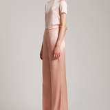 Silk Satin Wide Leg High Waisted Trousers in Rose Gold