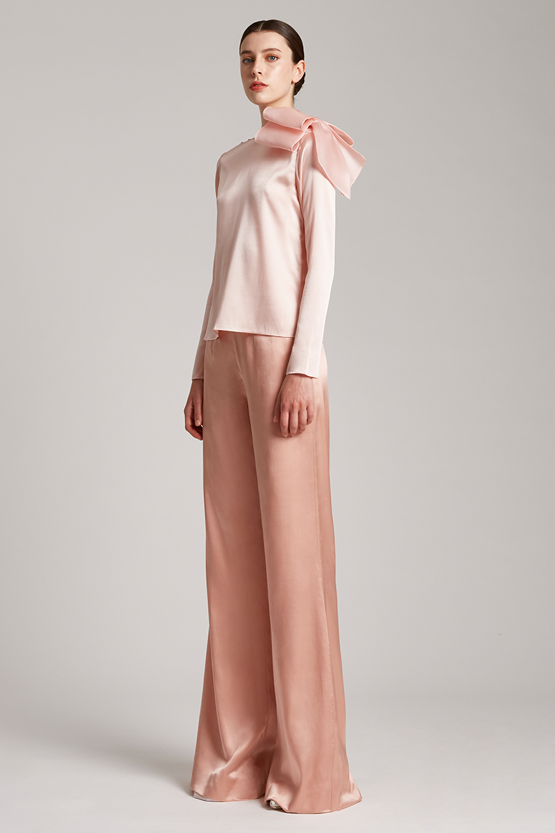 Silk Satin Button and Bow Embellished Blouse with Long Sleeves in Blush Pink
