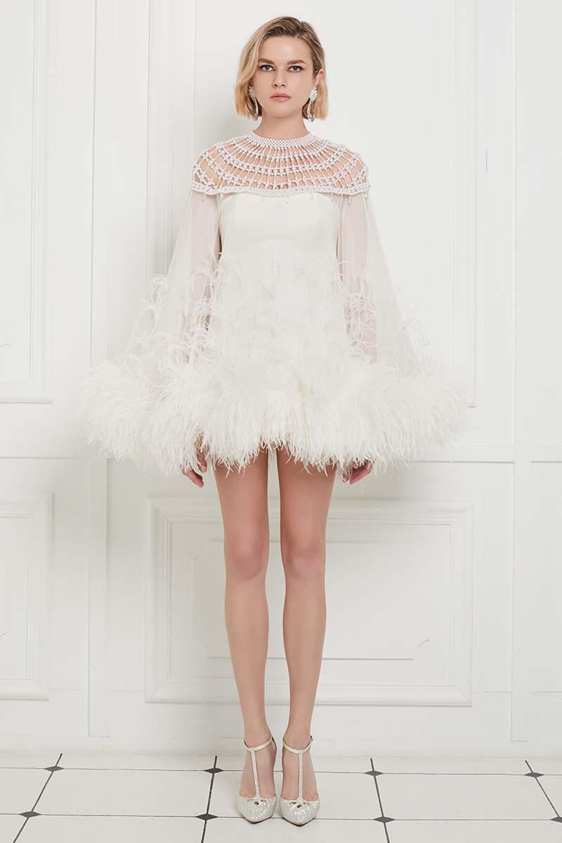 Ostrich Feather Embellished Pearl Mini Tent Dress in White