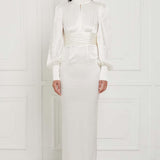 Turtleneck Open Back Silk Satin Dress in White