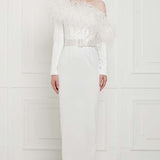 Ostrich Feather Trimmed Asymmetrical Gown in White